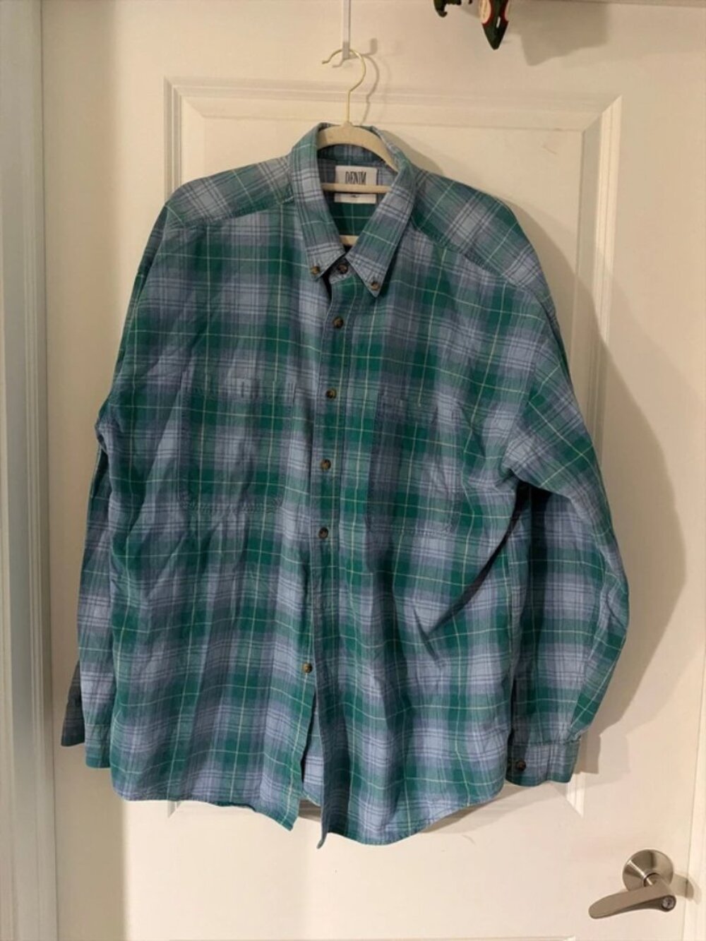 Men’s blue plaid, button-down shirt, size extra large